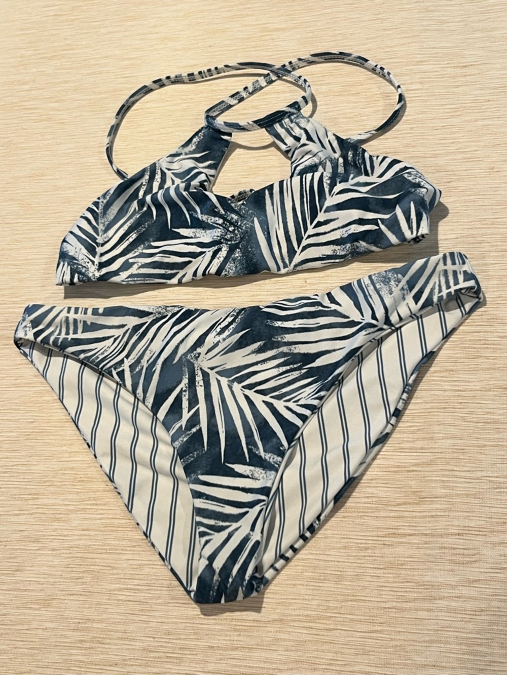 Splendid Palm Leaf Print & Stripes Reversible Halter Bikini Set in Green & White